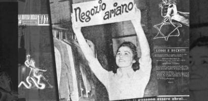 Manifesto del Giorno della Memoria e del Ricordo con immagine ragazza che espone cartello "Negozio ariano"